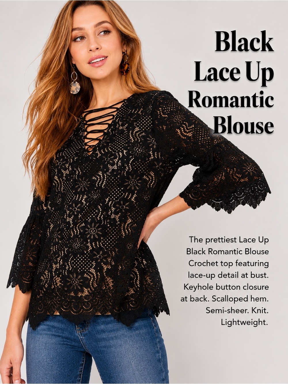 Black Lace Up Romantic Blouse